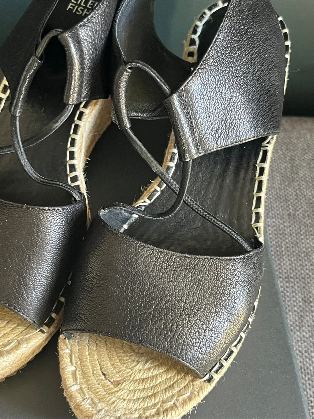 Eileen Fisher Black Leather Espadrille Slingback Wedges